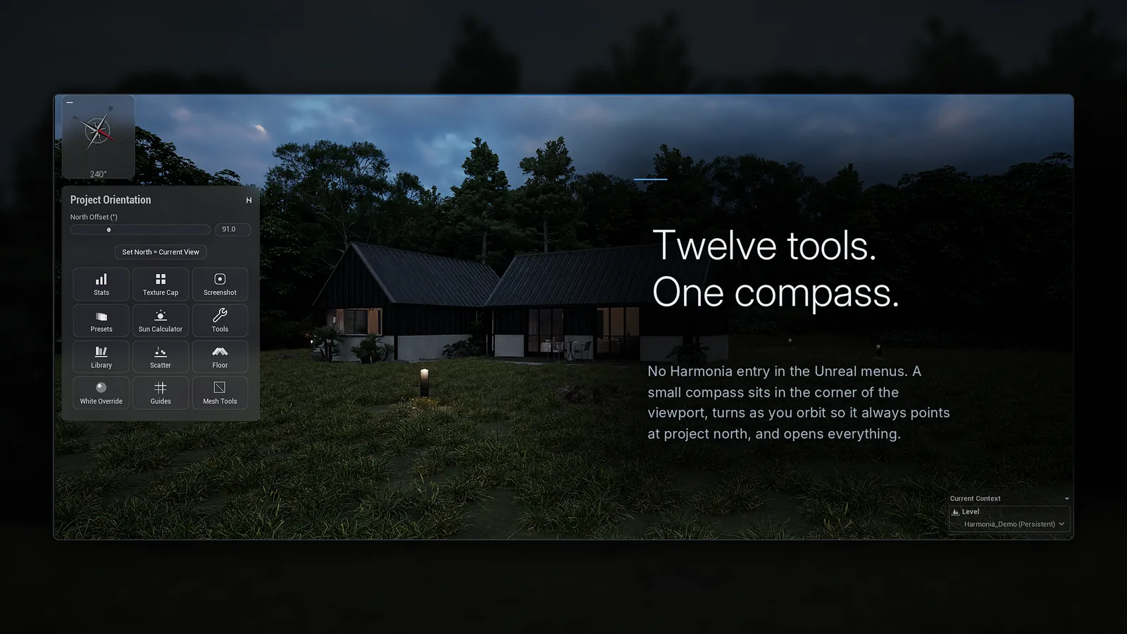 The Harmonia compass panel open over a dusk archviz scene: twelve tools, one compass