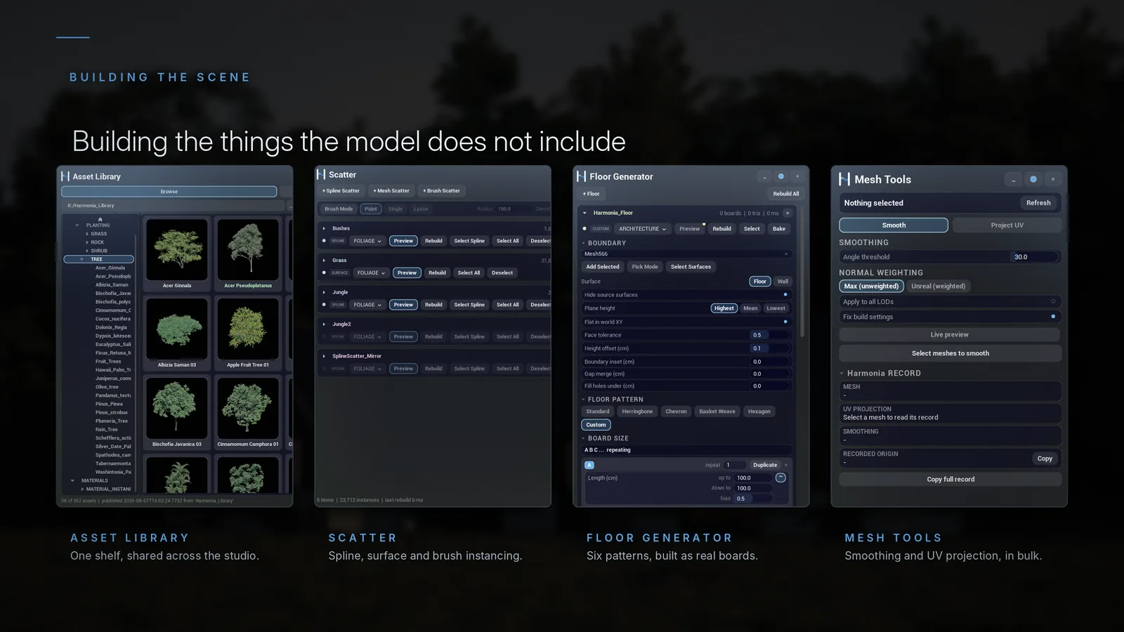 Four builder windows: Asset Library, Scatter, Floor Generator and Mesh Tools