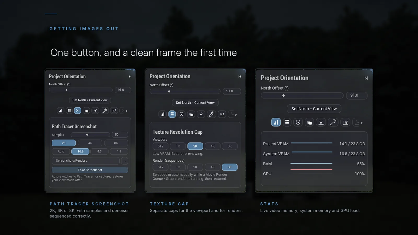Screenshot, Texture Cap and Stats panels: one button and a clean frame the first time