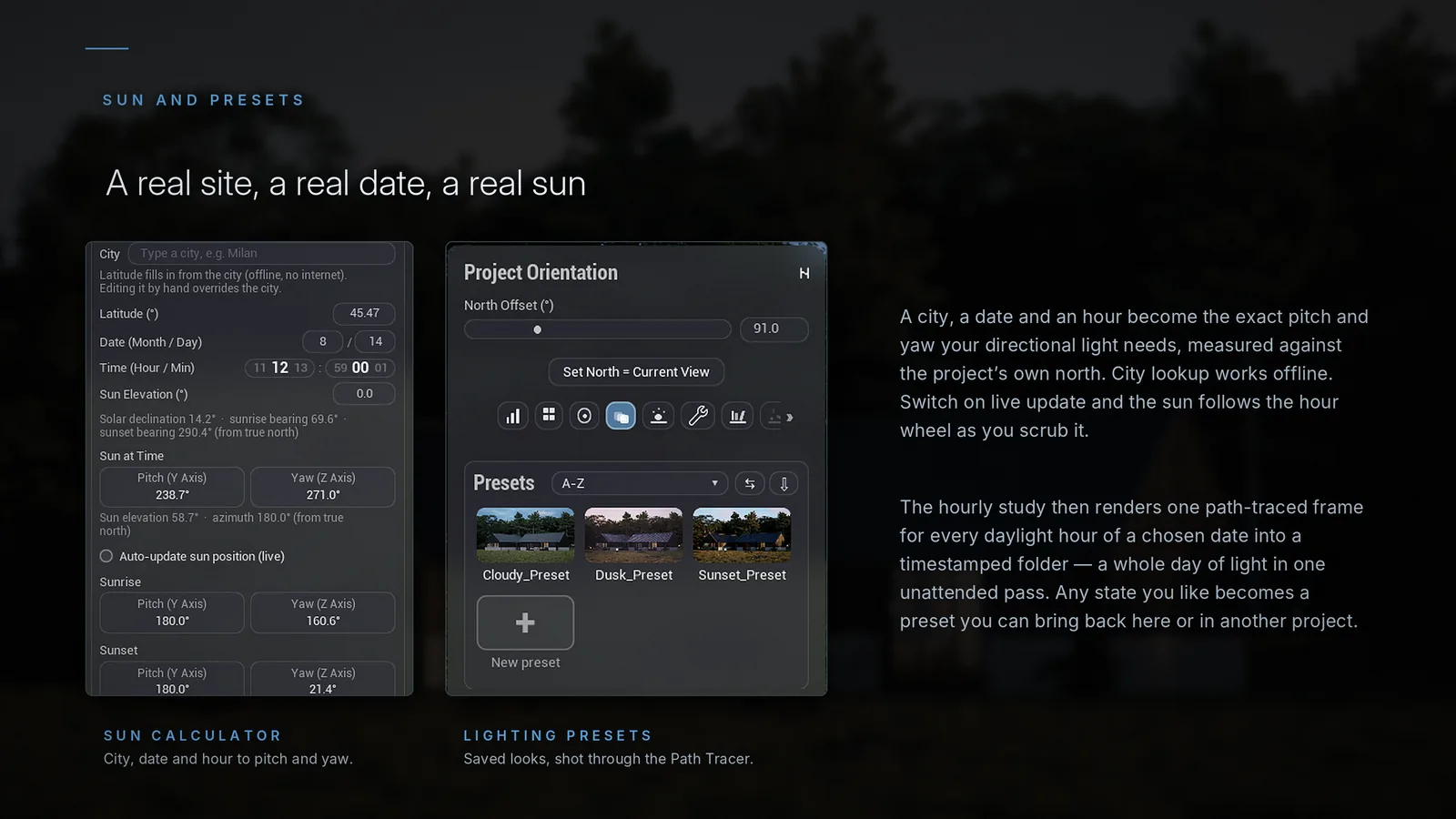 The Sun Calculator with a real city and date, and the Lighting Presets thumbnail grid